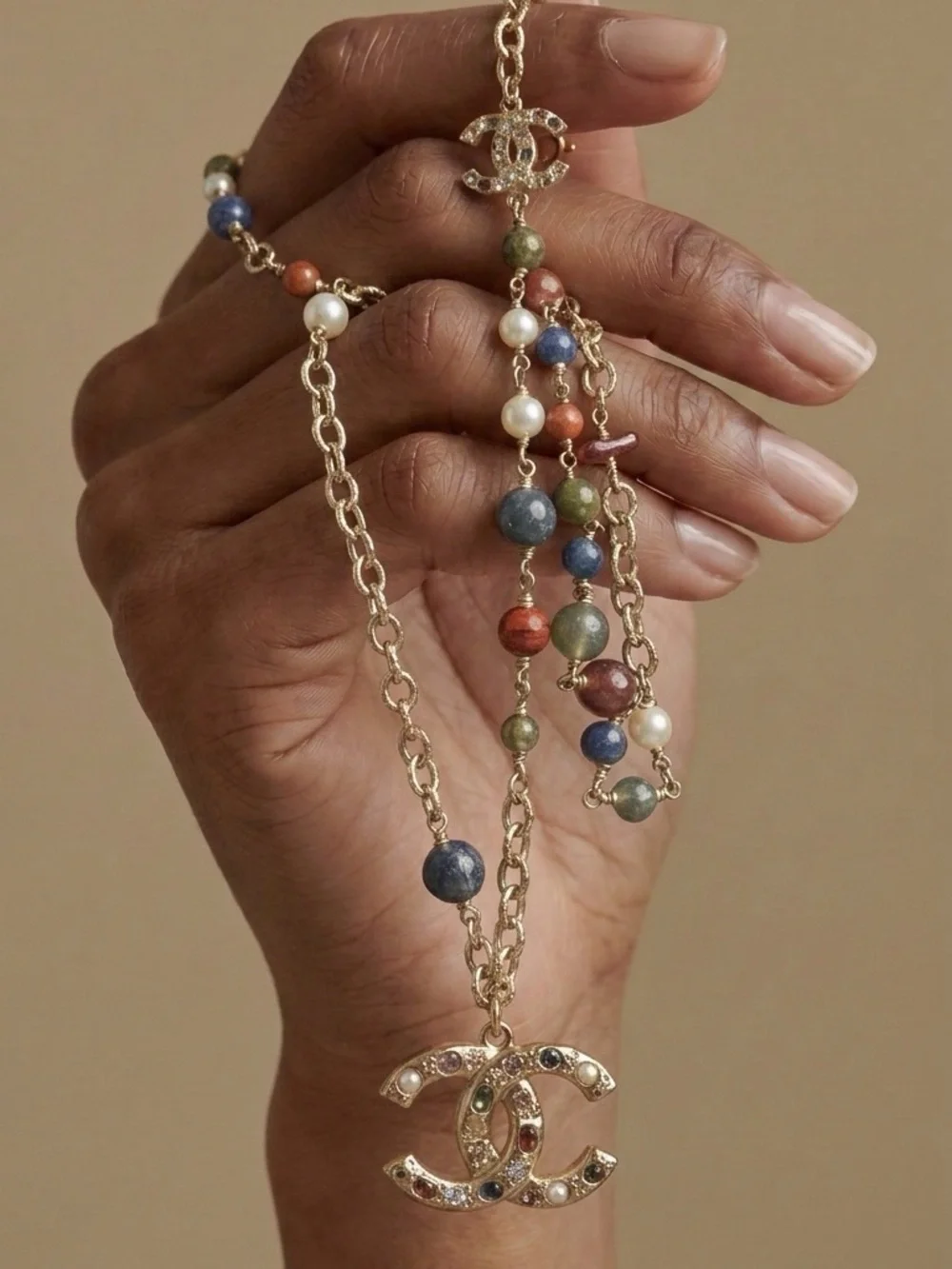 CHANEL Gold-Tone Multicolor Beaded Necklace with Crystal CC Pendant